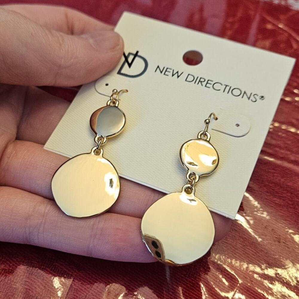 New Directions Gold Tone Double Disc Drop Earrings NWT Deadstock Modernist